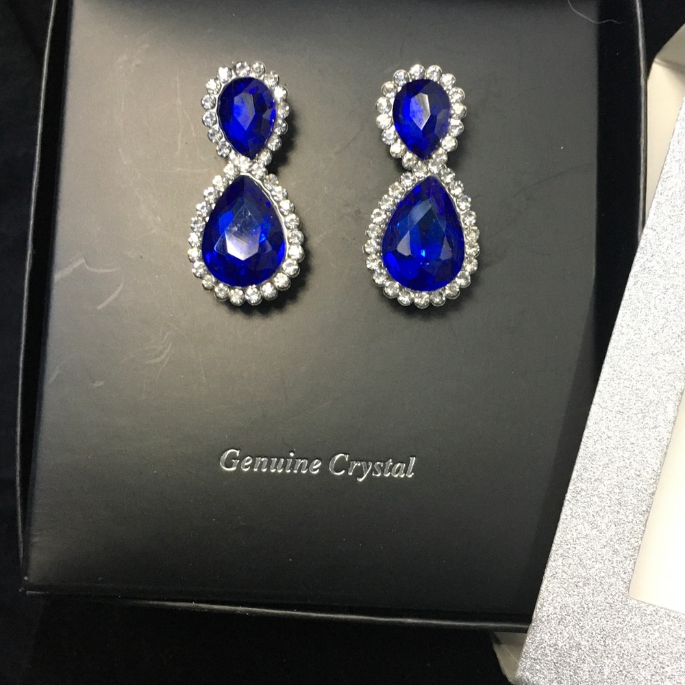 Crystal Sapphire Tear Drop Dangle Post Earrings - Picture 9 of 9